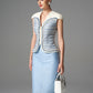 Powder Blue Tweed Sleeveless Jacket & Fringe Hem Midi Skirt Set for Women