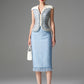 Powder Blue Tweed Sleeveless Jacket & Fringe Hem Midi Skirt Set for Women