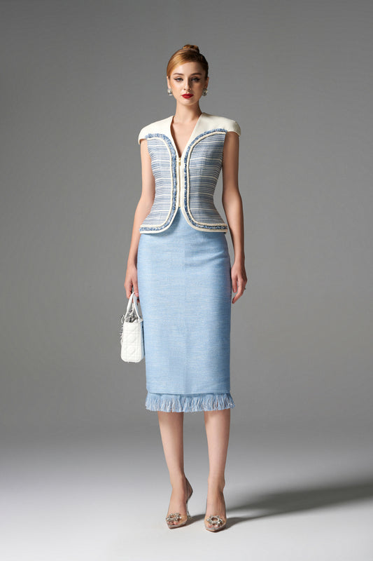 Powder Blue Tweed Sleeveless Jacket & Fringe Hem Midi Skirt Set for Women