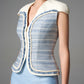 Powder Blue Tweed Sleeveless Jacket & Fringe Hem Midi Skirt Set for Women