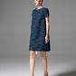 Blue and Black Tweed Shift Dress with Beaded Collar