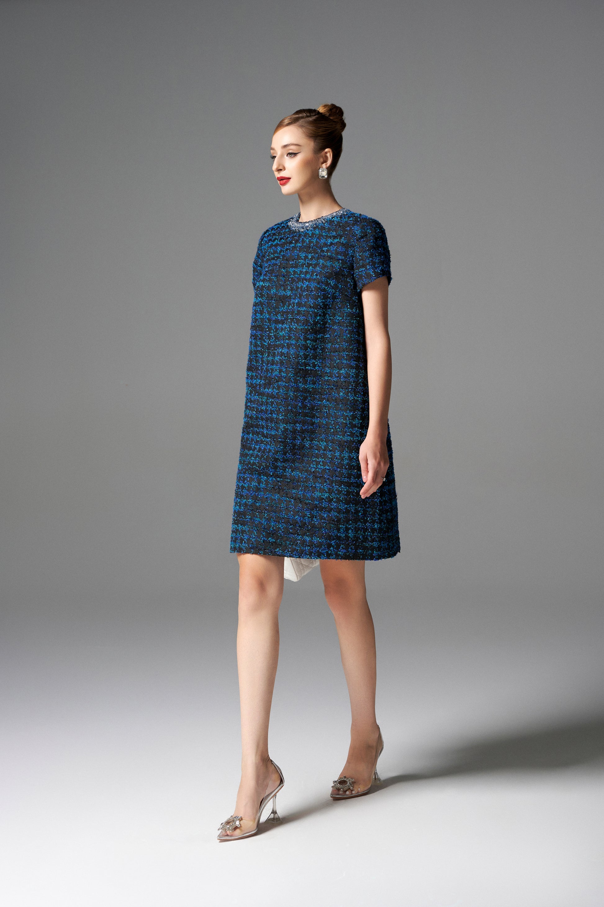 Blue and Black Tweed Shift Dress with Beaded Collar Blue and Black Tweed Shift Dress with Beaded Collar