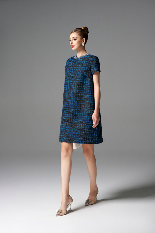Blue and Black Tweed Shift Dress with Beaded Collar