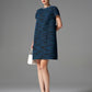 Blue and Black Tweed Shift Dress with Beaded Collar