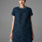 Blue and Black Tweed Shift Dress with Beaded Collar
