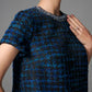 Blue and Black Tweed Shift Dress with Beaded Collar
