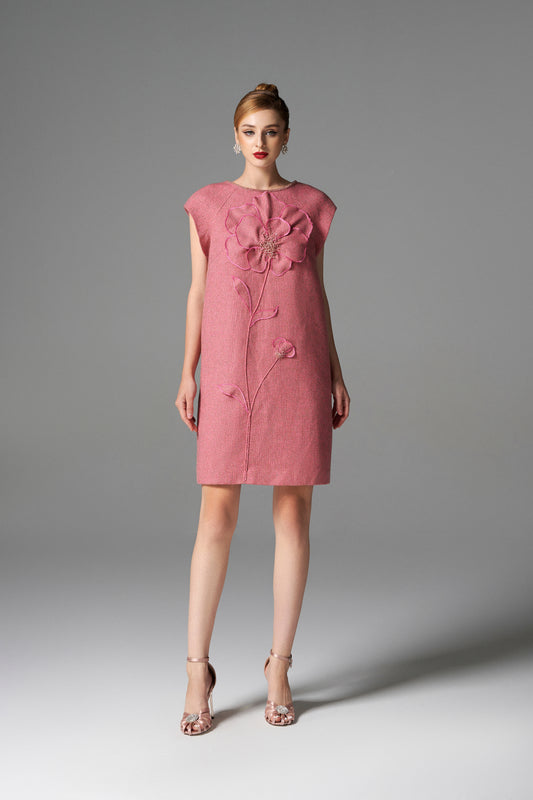 Blush Pink Sleeveless Shift Dress – 3D Floral Applique Design