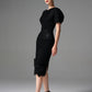 Black Lace Bodycon Midi Dress with Puff Sleeves