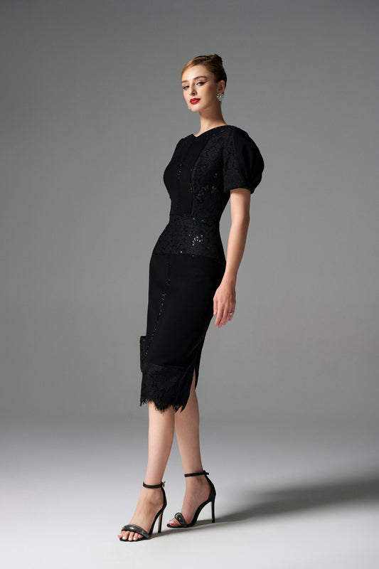 Black Lace Bodycon Midi Dress with Puff Sleeves