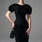 Black Lace Bodycon Midi Dress with Puff Sleeves