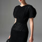 Black Lace Bodycon Midi Dress with Puff Sleeves
