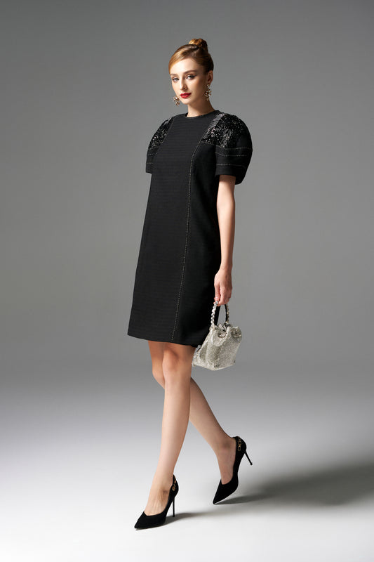 Black Embellished Puff Sleeve Mini Dress