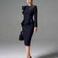 Navy Peplum Midi Dress with Embellished Shoulder