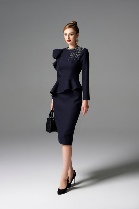 Navy Peplum Midi Dress with Embellished Shoulder