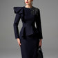 Navy Peplum Midi Dress with Embellished Shoulder