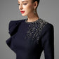 Navy Peplum Midi Dress with Embellished Shoulder