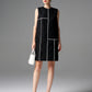Sleeveless Black Shift Dress with Geometric White Stitch Detailing
