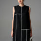 Sleeveless Black Shift Dress with Geometric White Stitch Detailing