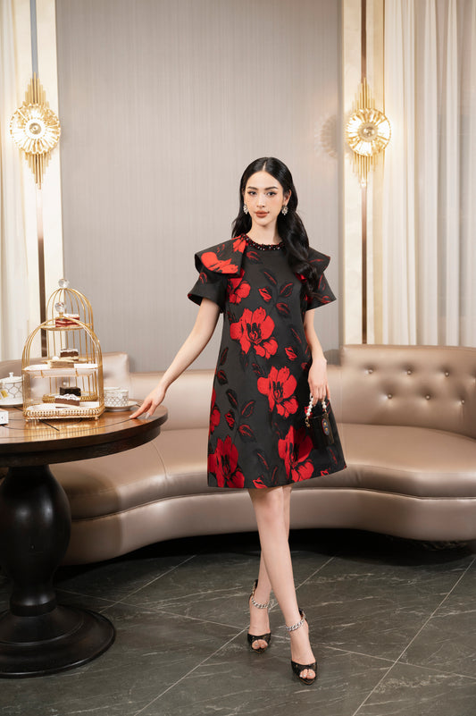 Floral Jacquard A-Line Dress with Structured Sleeves