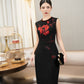 Chic Black Midi Dress with Red Floral Embroidery – Sleeveless Cocktail Dress