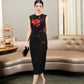 Chic Black Midi Dress with Red Floral Embroidery – Sleeveless Cocktail Dress