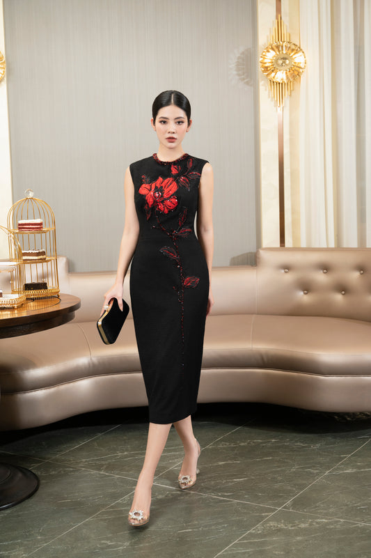 Chic Black Midi Dress with Red Floral Embroidery – Sleeveless Cocktail Dress