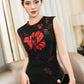 Chic Black Midi Dress with Red Floral Embroidery – Sleeveless Cocktail Dress