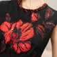 Chic Black Midi Dress with Red Floral Embroidery – Sleeveless Cocktail Dress