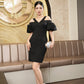 Black Off-Shoulder Bodycon Dress with Puffy Sleeves