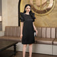 Black Satin Midi Dress with Embellished Ruffled Shoulders
