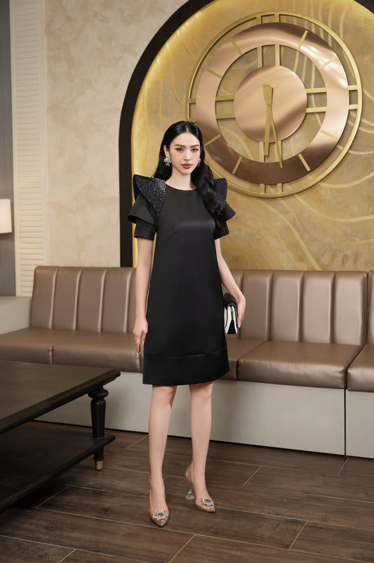Black Satin Midi Dress with Embellished Ruffled Shoulders