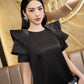 Black Satin Midi Dress with Embellished Ruffled Shoulders