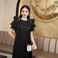 Black Satin Midi Dress with Embellished Ruffled Shoulders