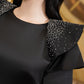 Black Satin Midi Dress with Embellished Ruffled Shoulders