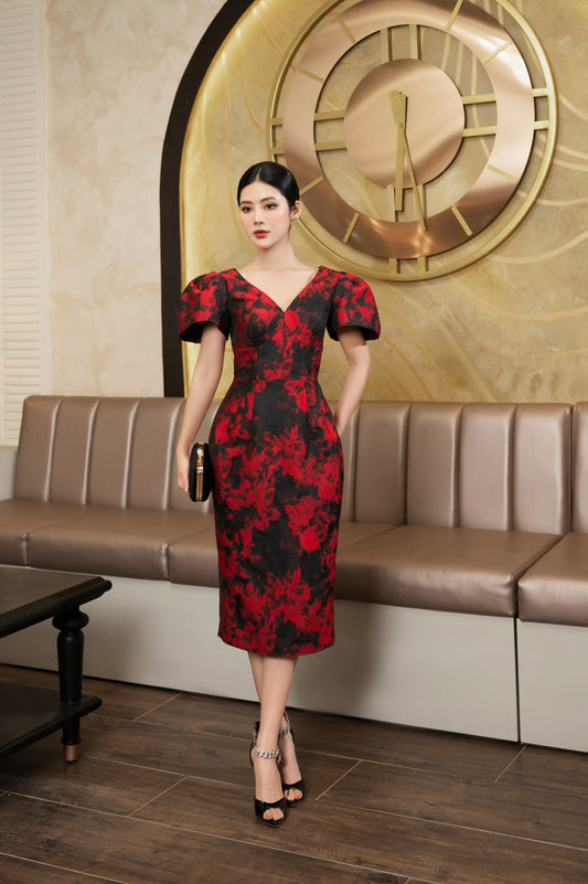 Red Floral Jacquard Midi Dress with Puff Sleeves