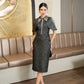 Elegant Grey Tweed Midi Dress with Sparkling Collar and Cape Sleeves