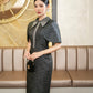 Elegant Grey Tweed Midi Dress with Sparkling Collar and Cape Sleeves