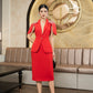 Red Embellished Shoulder Cape Blazer and Midi Skirt Set