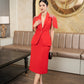 Red Embellished Shoulder Cape Blazer and Midi Skirt Set