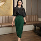 Black Embellished Puff Sleeve Top and Green Midi Pencil Skirt Set