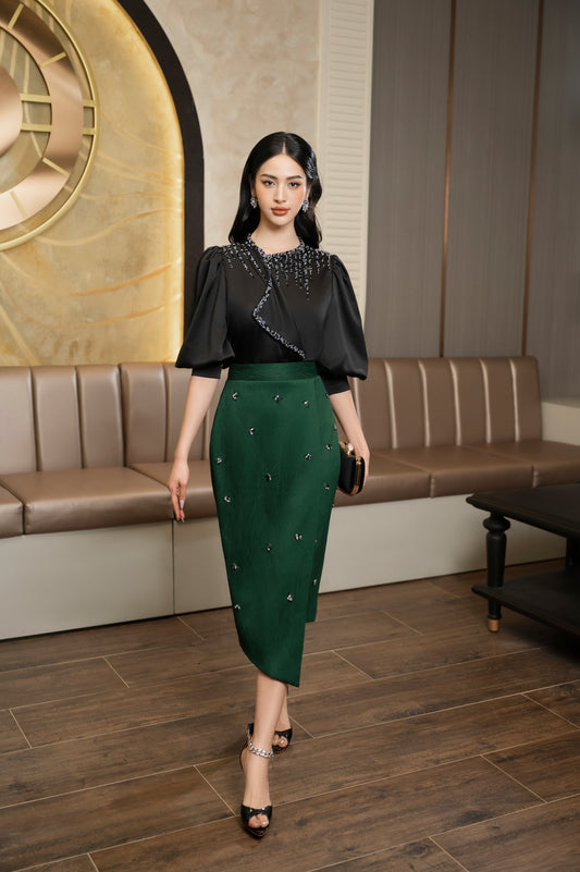 Black Embellished Puff Sleeve Top and Green Midi Pencil Skirt Set