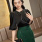 Black Embellished Puff Sleeve Top and Green Midi Pencil Skirt Set