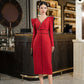 Red Long Sleeve Midi Dress, Elegant V-Neck with Embellished Trim