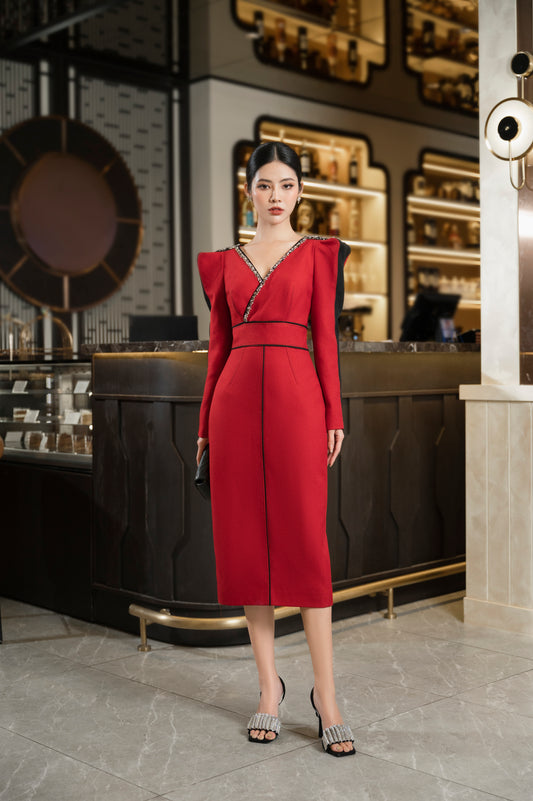 Red Long Sleeve Midi Dress, Elegant V-Neck with Embellished Trim