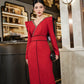 Red Long Sleeve Midi Dress, Elegant V-Neck with Embellished Trim