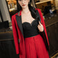 Chic Red Wide-Leg Pantsuit with Embellished Blazer and Black Bustier Top