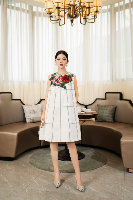 Sleeveless A-Line White Dress with Floral Embroidery