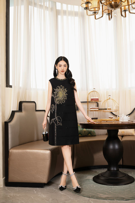 Black Shift Dress with Gold Floral Embroidery – Sleeveless A-Line Dress