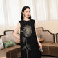 Black Shift Dress with Gold Floral Embroidery – Sleeveless A-Line Dress