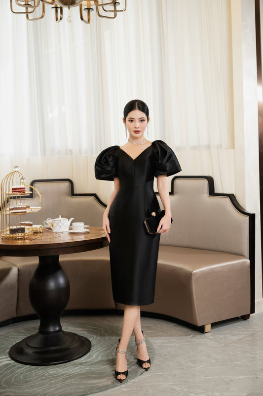 V-Neck Bodycon Dress with Voluminous Puff Sleeves